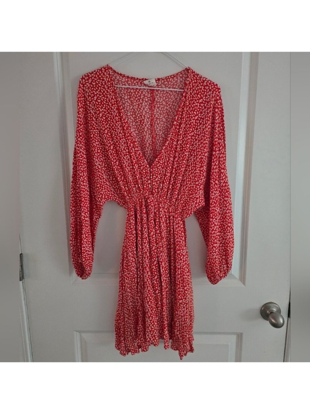 By Together Red and White V-Neck Long Sleeve Mini Dress